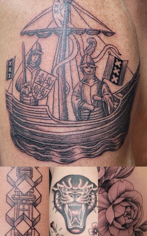 Custom cog ship tattoo by Simeon example skill artistry in Amsterdam.
